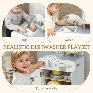 Wooden Dishwasher Playset, Kitchen Sink Toys With Faucet, Sink And Accessories, Gift For Boys Girls Toddlers - Image 3