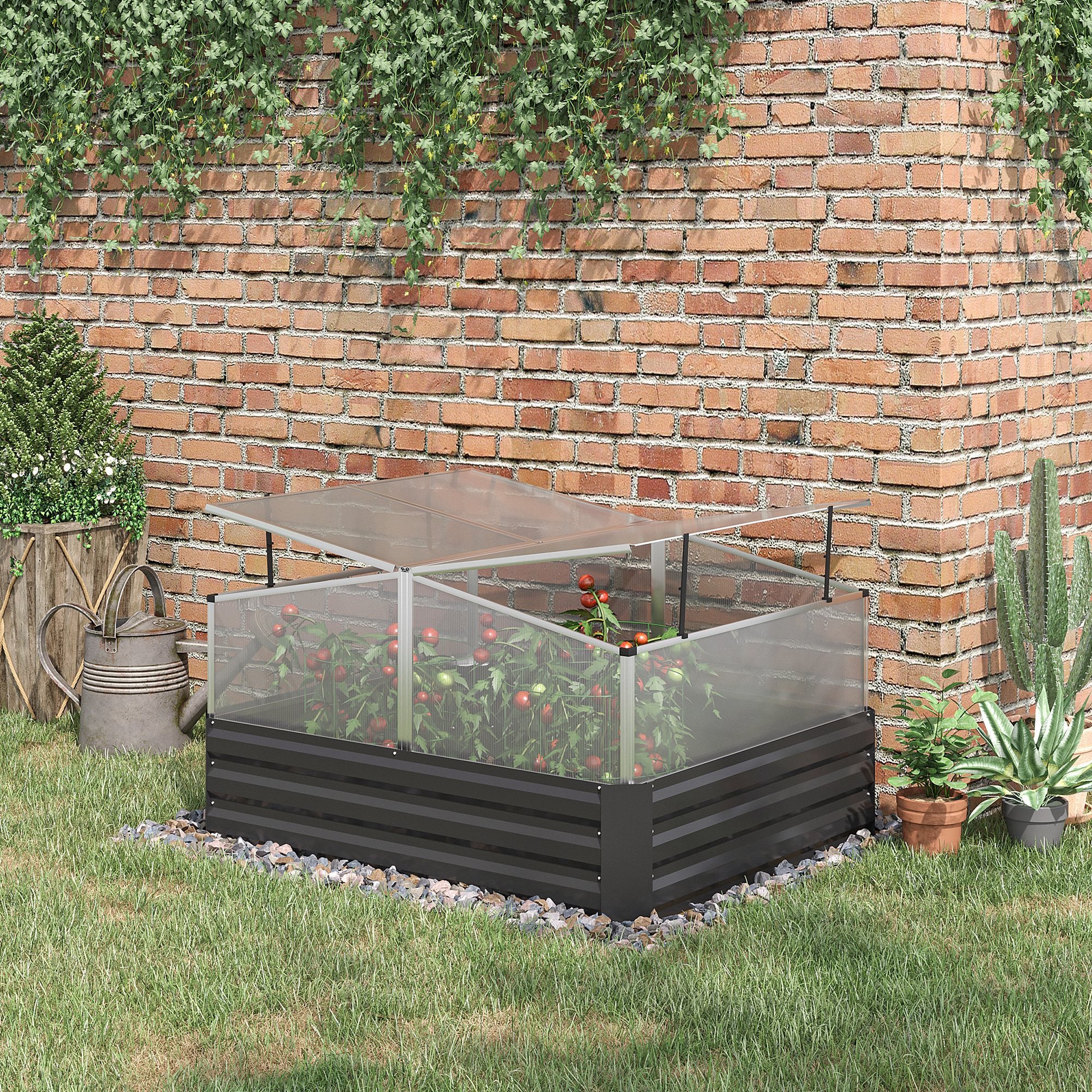 Outsuuny Galvanised Raised Garden Bed, Outdoor Planter Box With Greenhouse And Cover For Vegetables, Flowers, Dark Grey