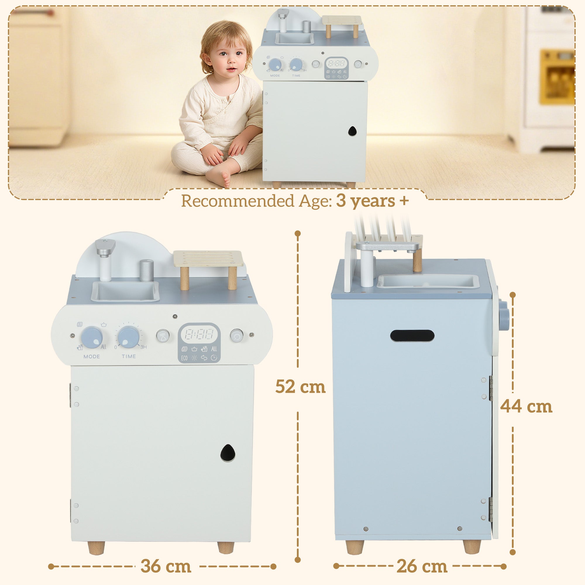 Wooden Dishwasher Playset, Kitchen Sink Toys With Faucet, Sink And Accessories, Gift For Boys Girls Toddlers