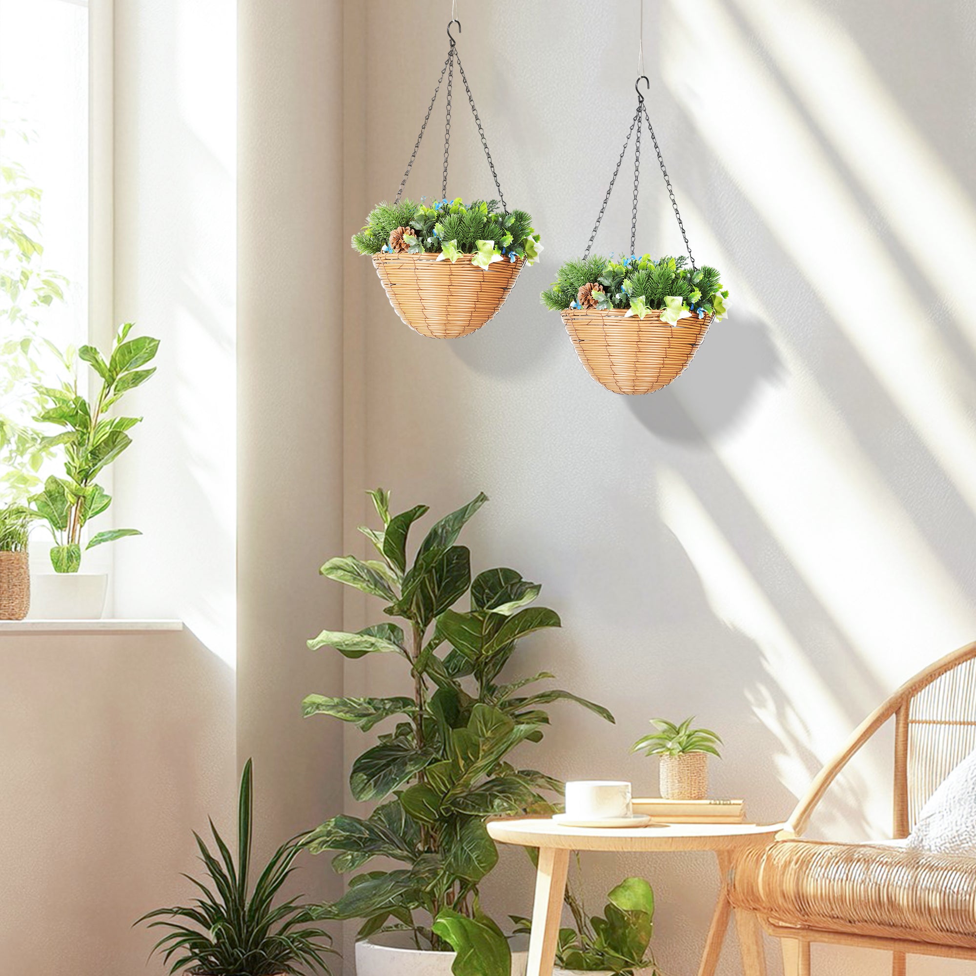 Pack Of 2 Faux Plant Artificial Lisianthus Flowers, Hanging Planters With Basket, PE Leaves, 18 Flowers And 3 Pinecones, Decorative Faux Plants For Home Office Decor, Green
