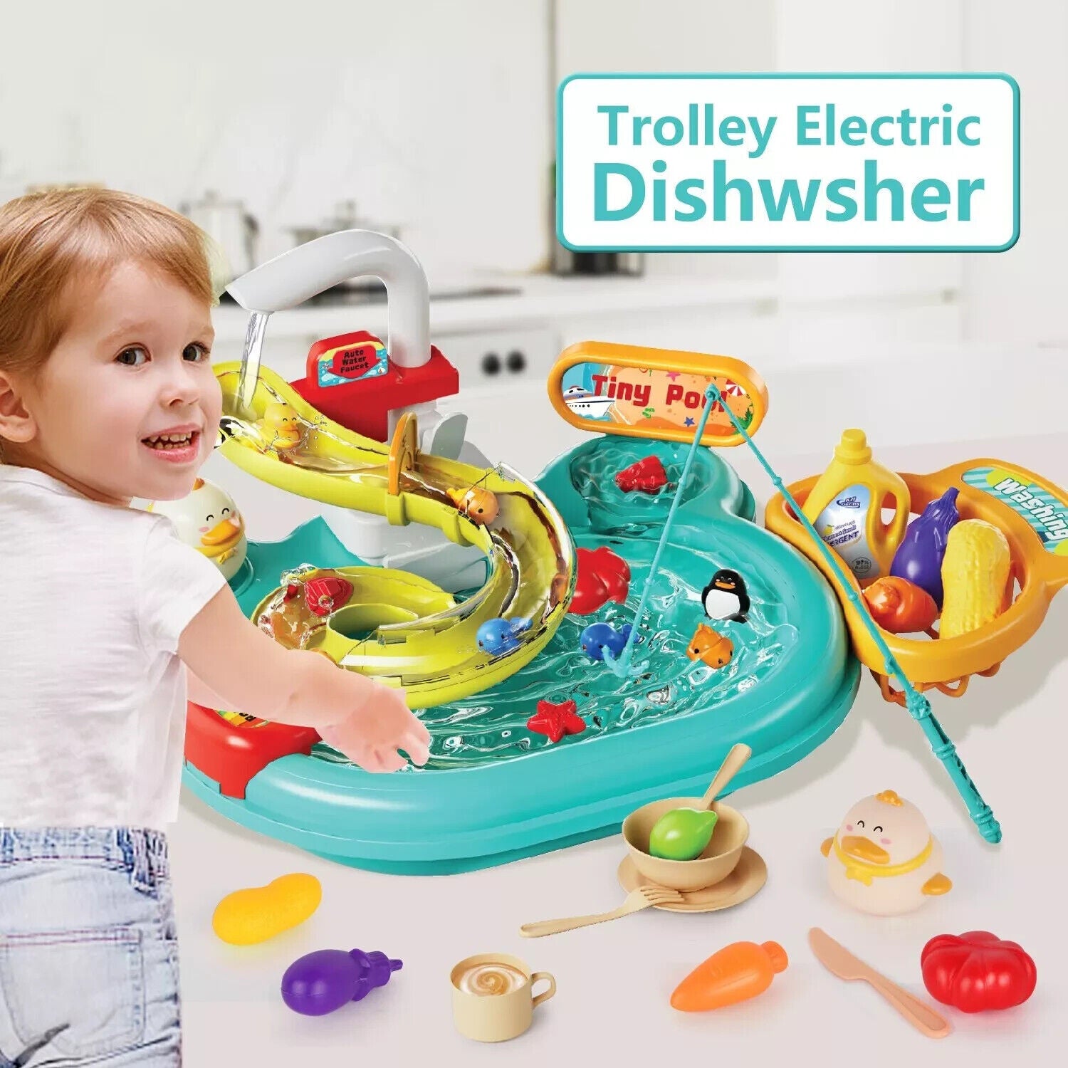 Play Sink With Running Water, 3-in-1 Toddler Kitchen Toys, Fishing Set, Tracks