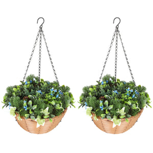 Pack Of 2 Faux Plant Artificial Lisianthus Flowers, Hanging Planters With Basket, PE Leaves, 18 Flowers And 3 Pinecones, Decorative Faux Plants For Home Office Decor, Green - Image 1