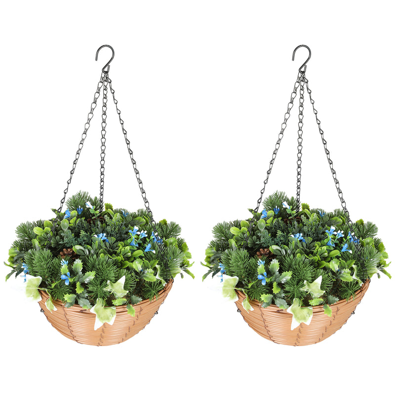Pack Of 2 Faux Plant Artificial Lisianthus Flowers, Hanging Planters With Basket, PE Leaves, 18 Flowers And 3 Pinecones, Decorative Faux Plants For Home Office Decor, Green