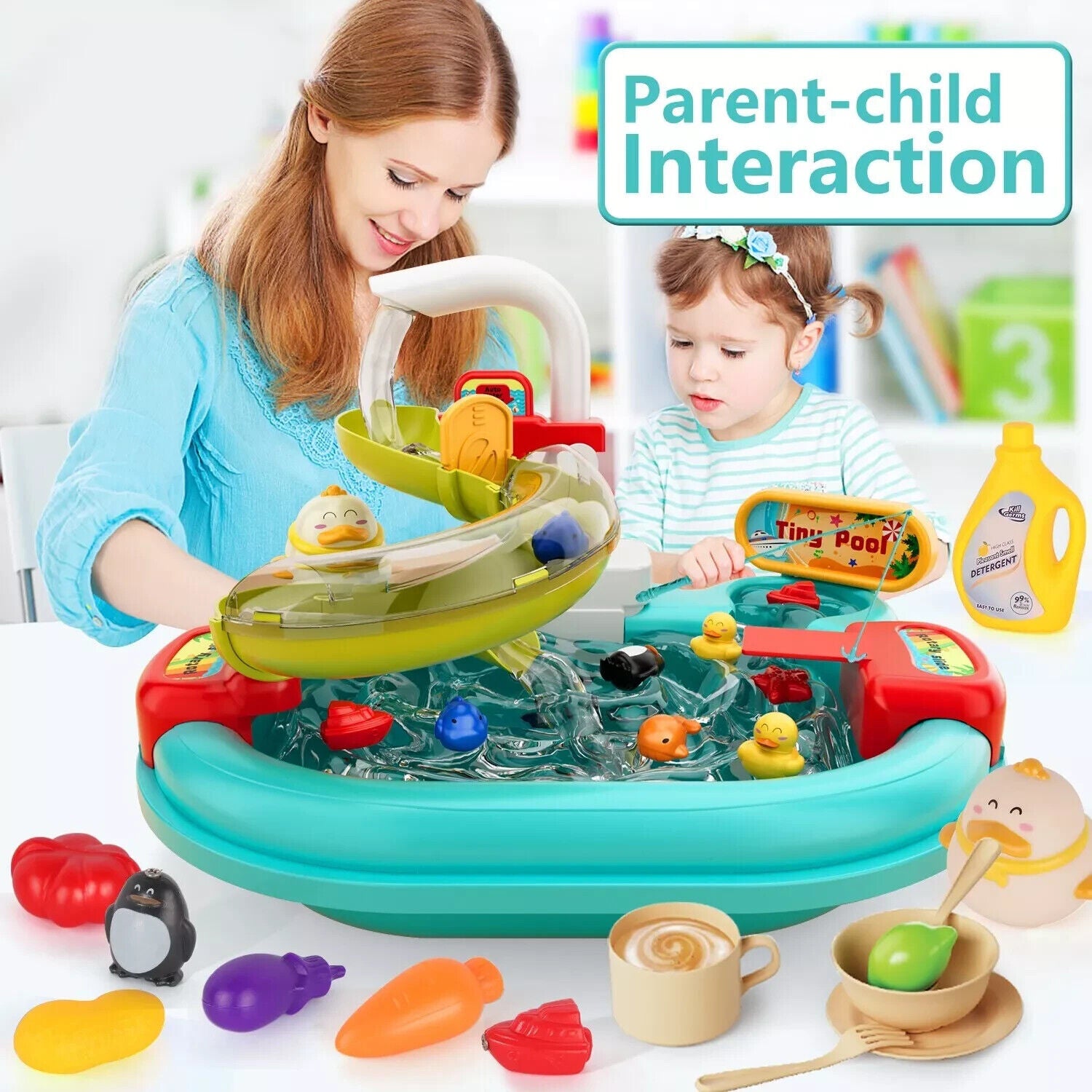 Play Sink With Running Water, 3-in-1 Toddler Kitchen Toys, Fishing Set, Tracks