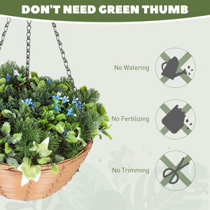 Pack Of 2 Faux Plant Artificial Lisianthus Flowers, Hanging Planters With Basket, PE Leaves, 18 Flowers And 3 Pinecones, Decorative Faux Plants For Home Office Decor, Green - Image 4