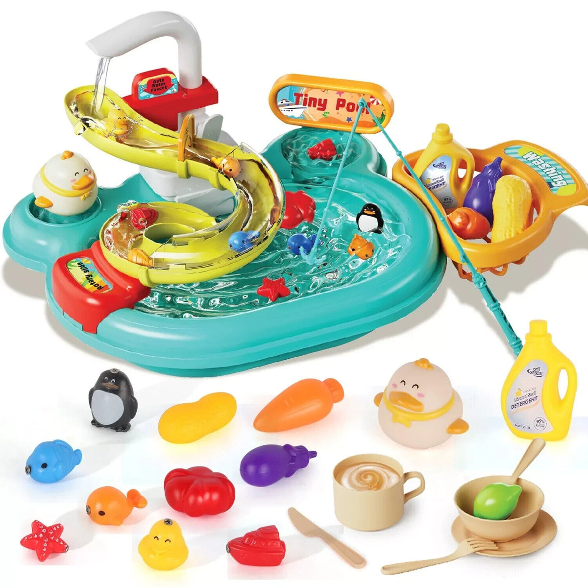 Play Sink With Running Water, 3-in-1 Toddler Kitchen Toys, Fishing Set, Tracks