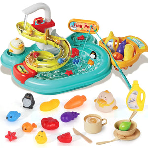 Play Sink With Running Water, 3-in-1 Toddler Kitchen Toys, Fishing Set, Tracks - Image 1