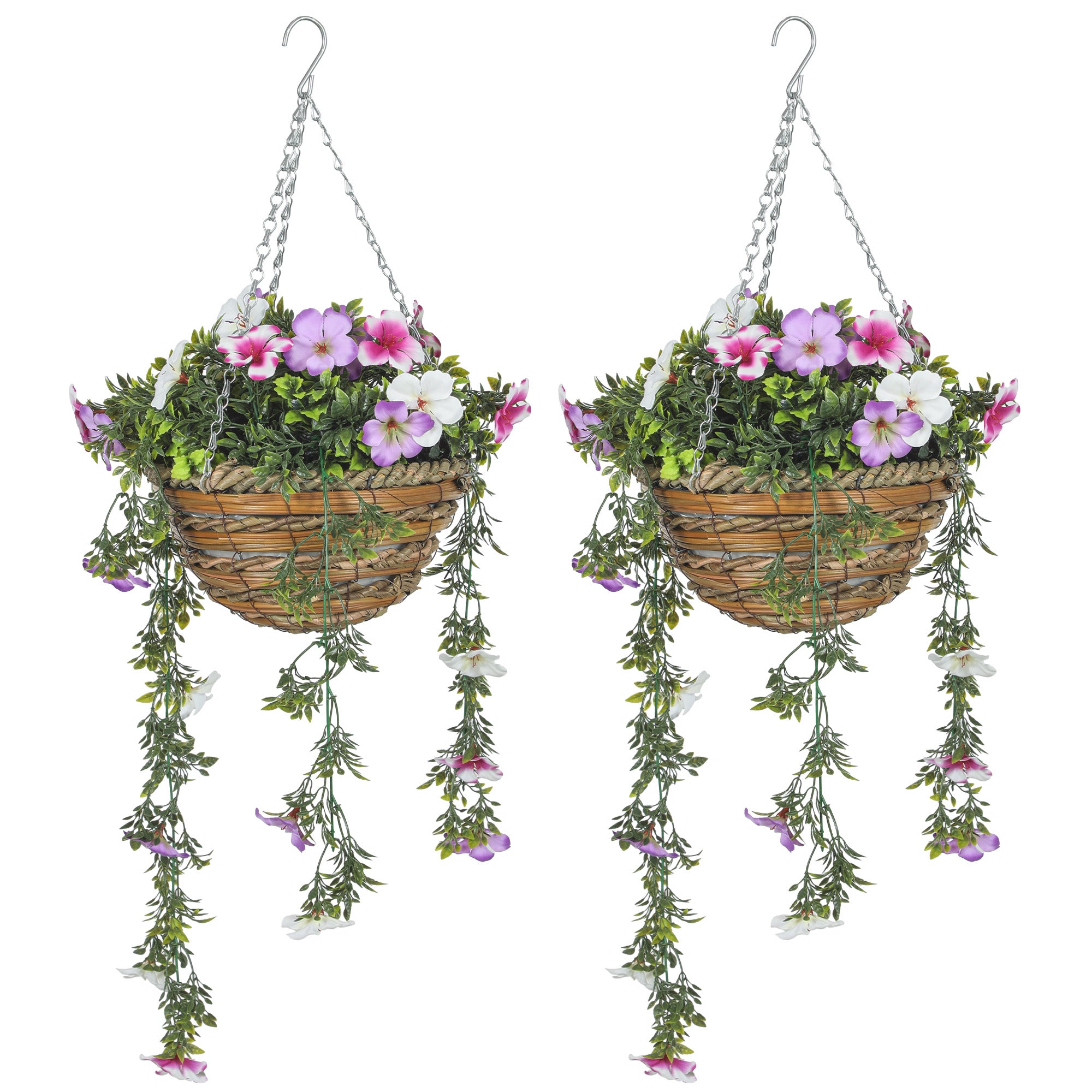 Set Of 2 Artificial Silk Azalea Flowers, Hanging Planters With Basket, Faux Plants For Home Indoor Outdoor Decor, Pink And White