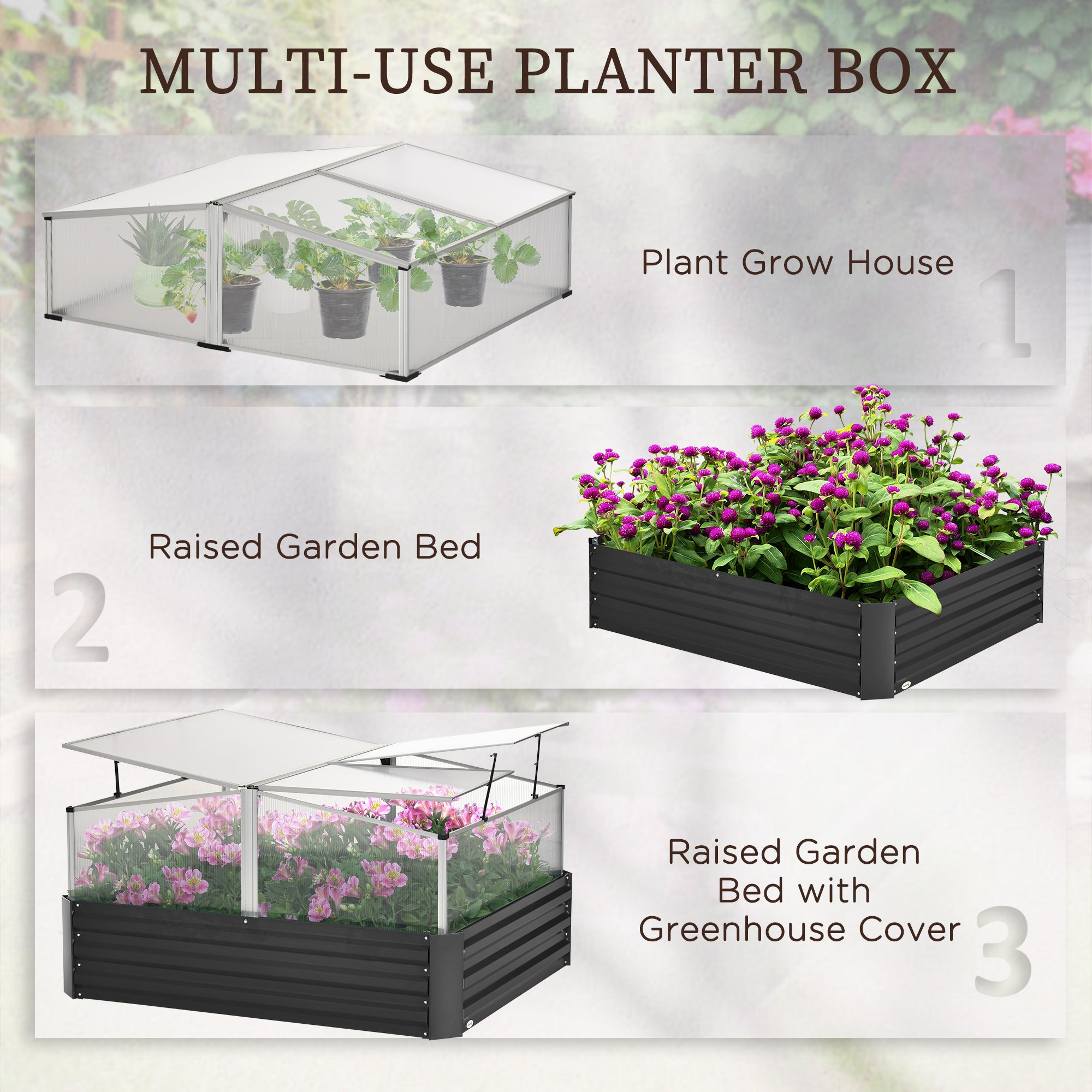 Outsuuny Galvanised Raised Garden Bed, Outdoor Planter Box With Greenhouse And Cover For Vegetables, Flowers, Dark Grey