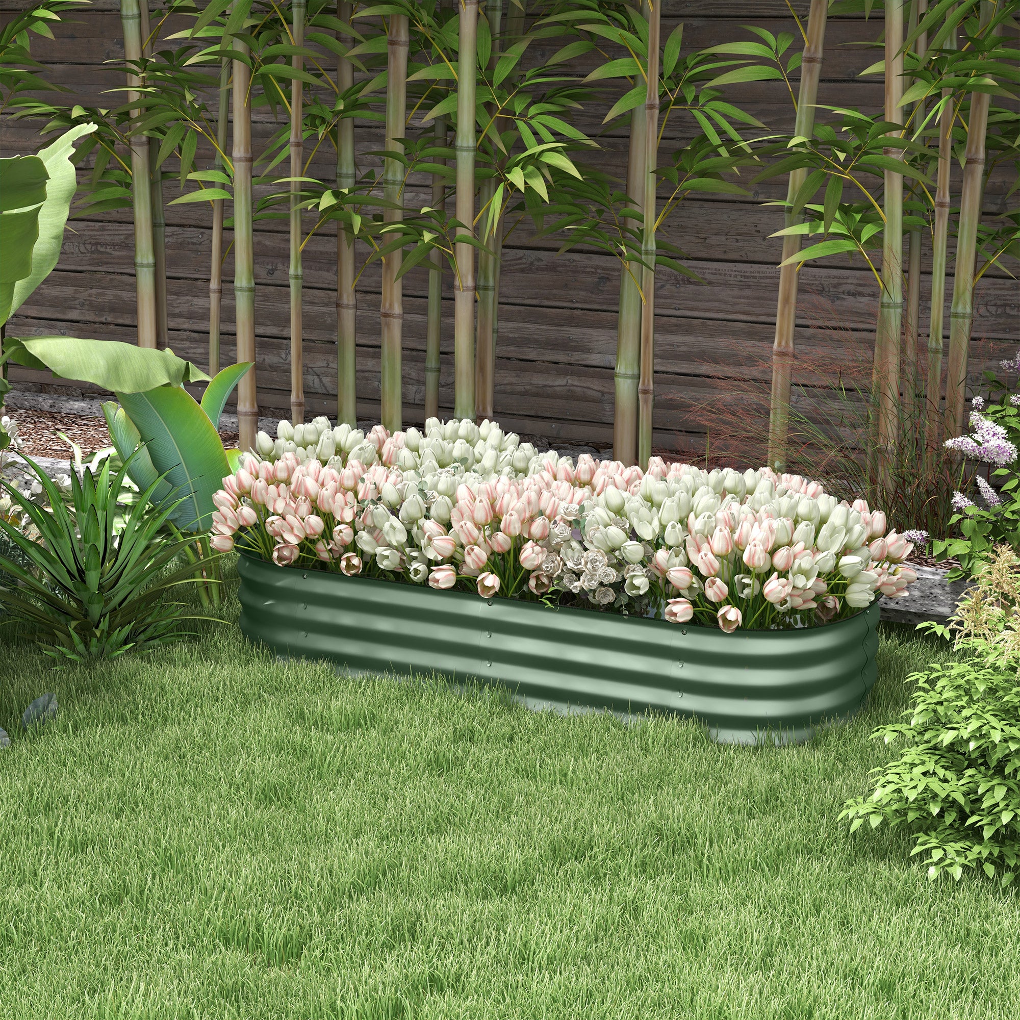 Galvanised Raised Garden Bed, Metal Planter Box With Safety Edging, For Flowers, Herbs, Succulents, Green
