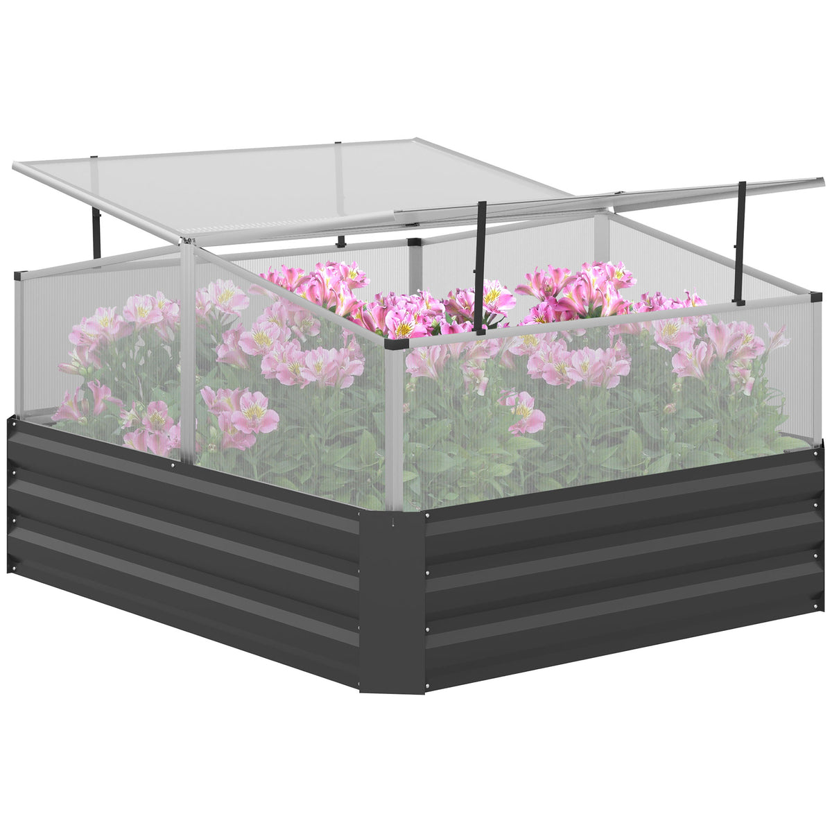 Outsuuny Galvanised Raised Garden Bed, Outdoor Planter Box With Greenhouse And Cover For Vegetables, Flowers, Dark Grey