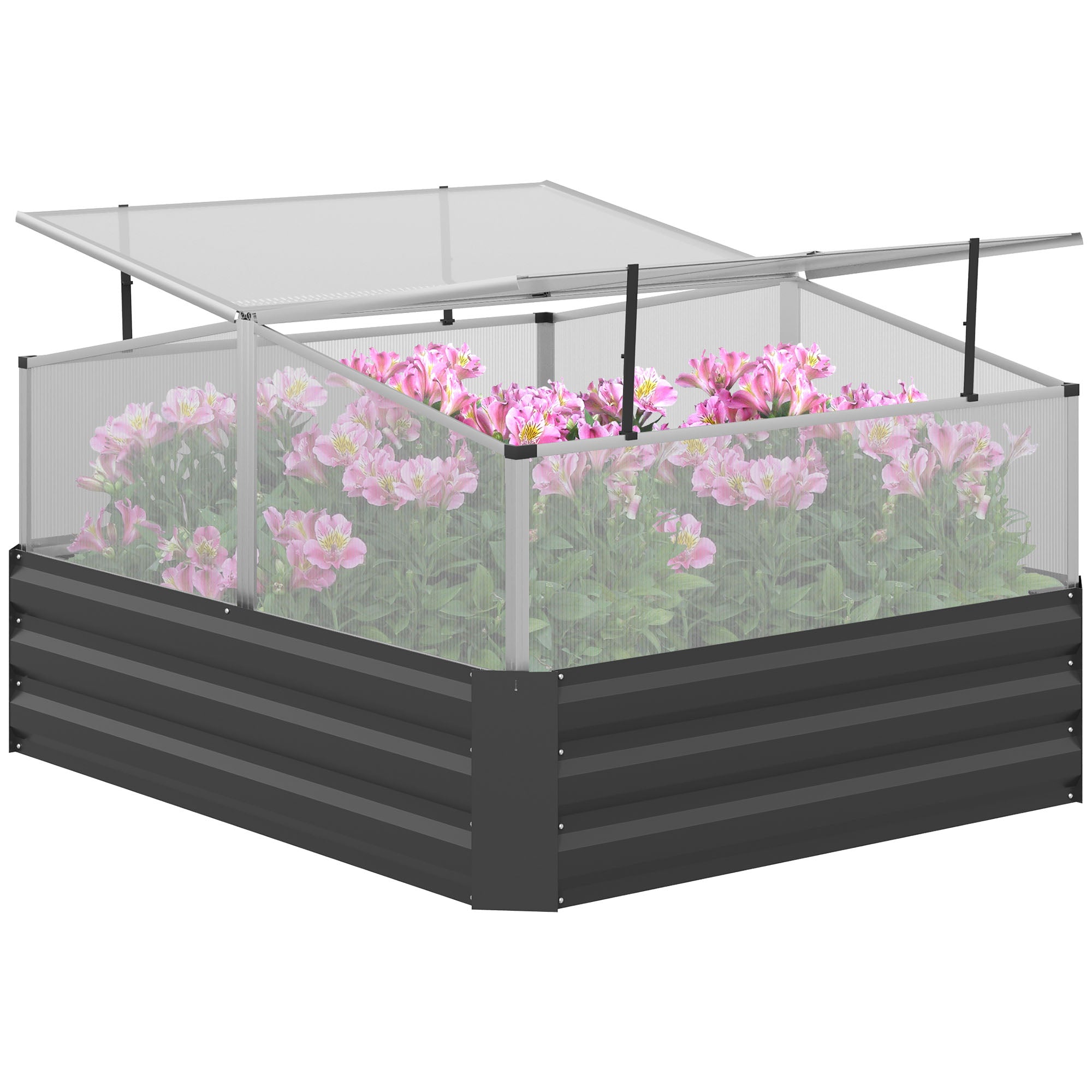 Outsuuny Galvanised Raised Garden Bed, Outdoor Planter Box With Greenhouse And Cover For Vegetables, Flowers, Dark Grey