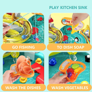Play Sink With Running Water, 3-in-1 Toddler Kitchen Toys, Fishing Set, Tracks - Image 2