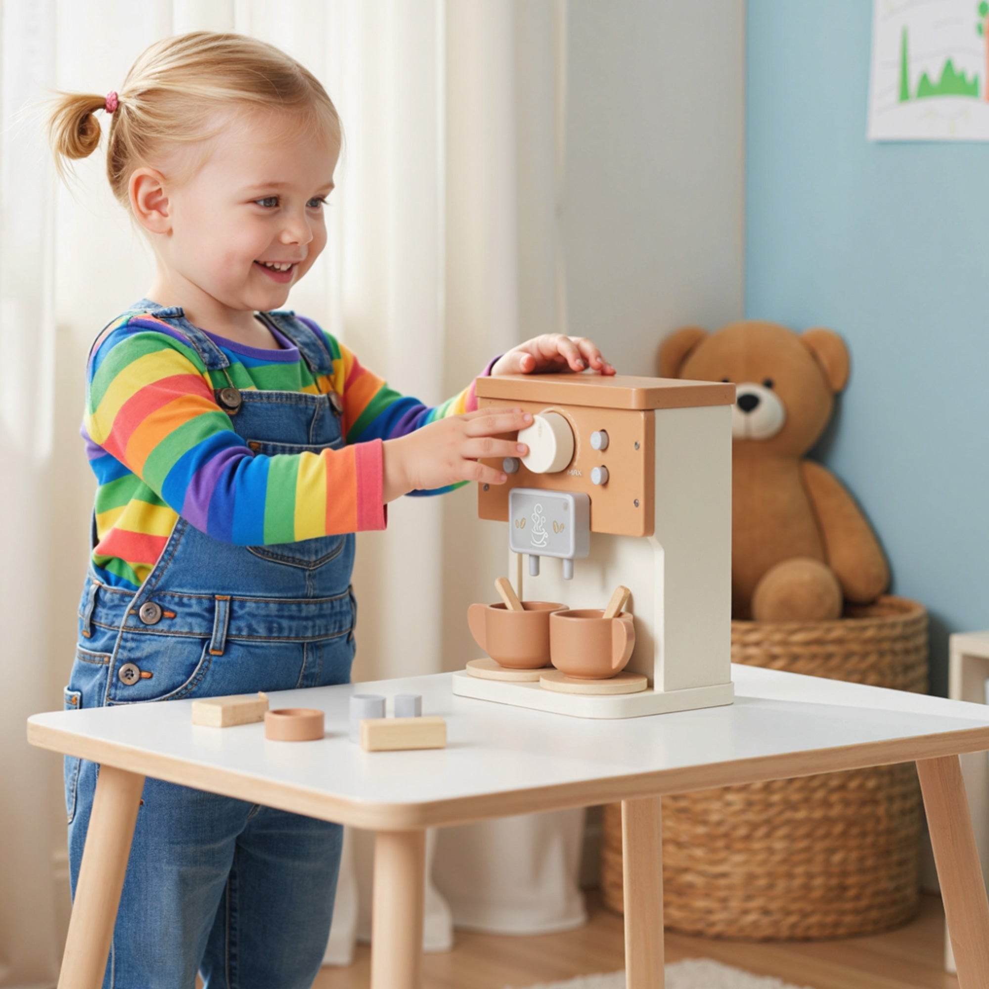 Kids Wooden Coffee Machine Toy, Pretend Play Kitchen Accessories Gift For Boys And Girls Ages 3+