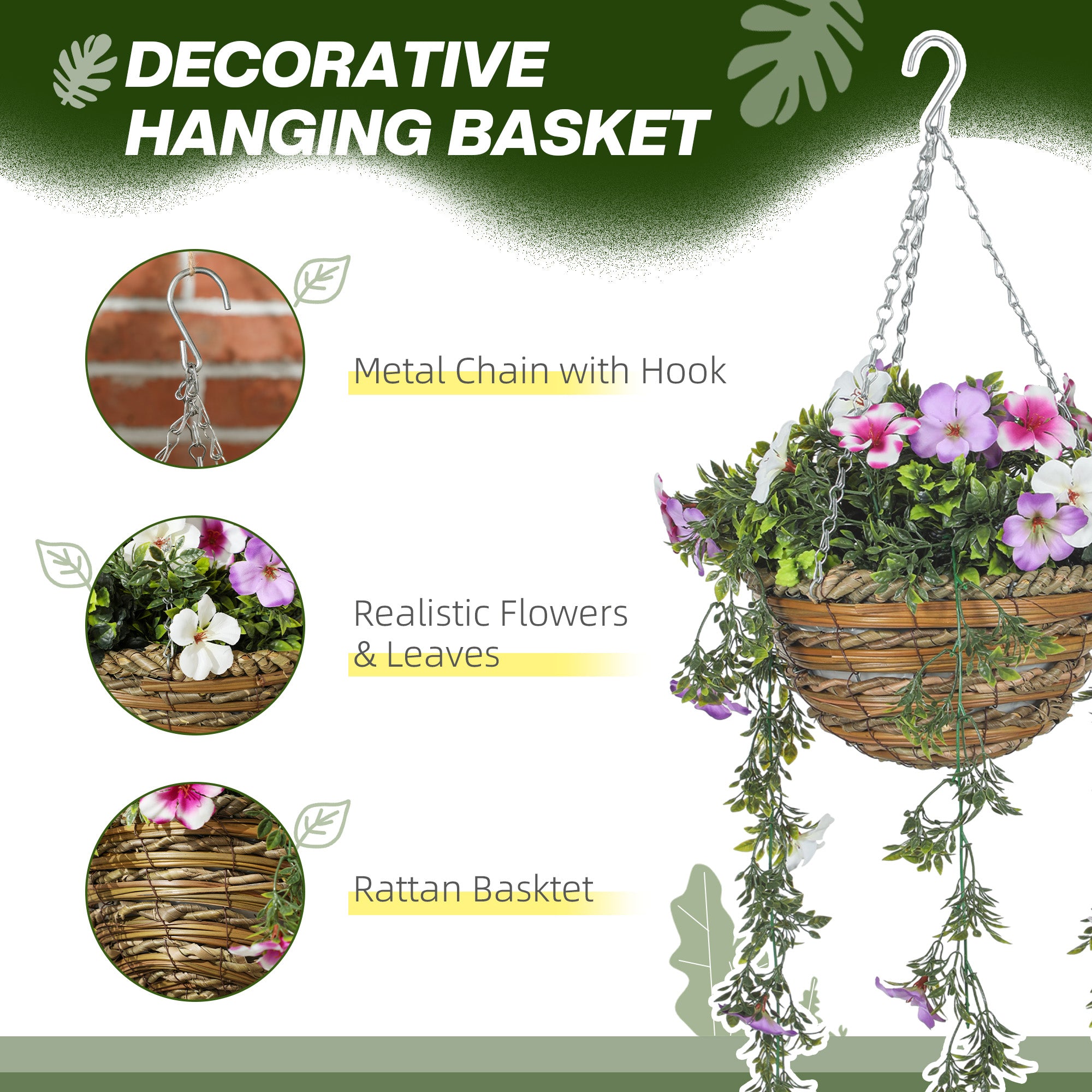 Set Of 2 Artificial Silk Azalea Flowers, Hanging Planters With Basket, Faux Plants For Home Indoor Outdoor Decor, Pink And White