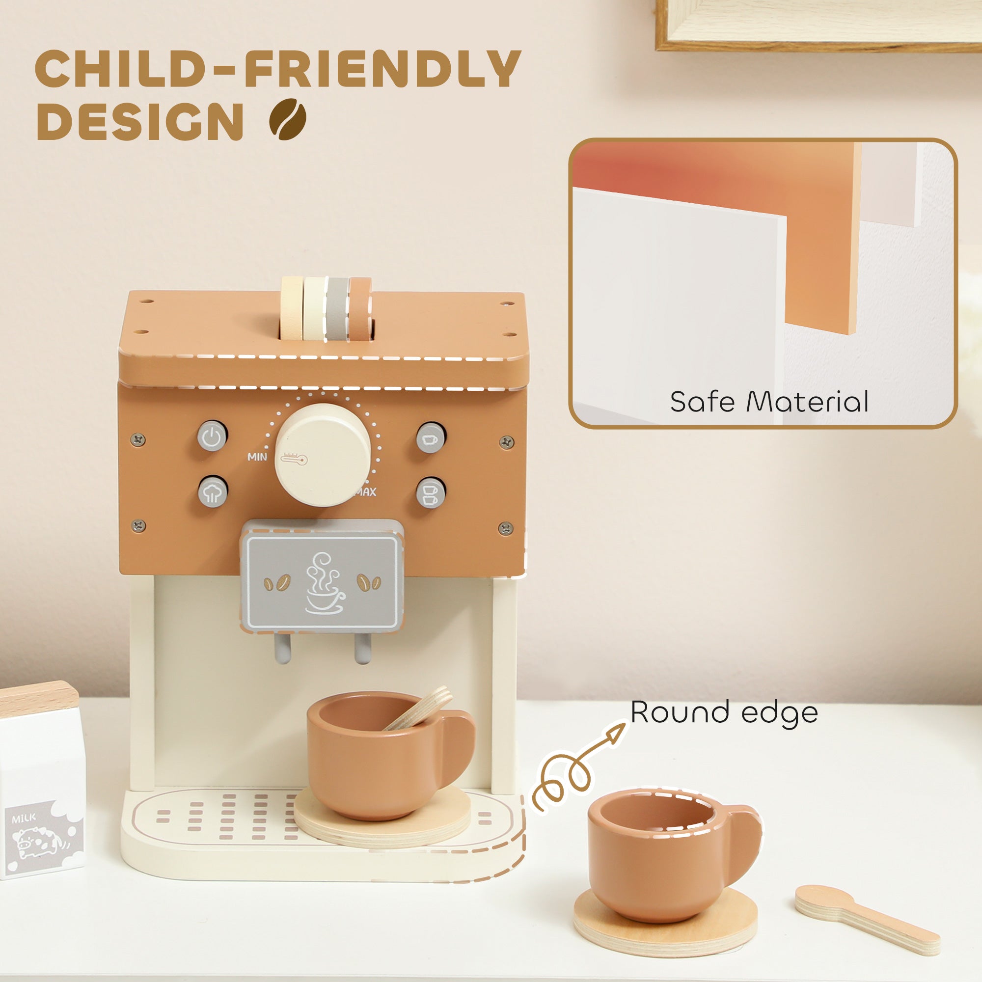Kids Wooden Coffee Machine Toy, Pretend Play Kitchen Accessories Gift For Boys And Girls Ages 3+